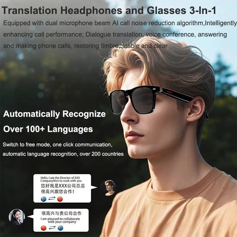 3 in 1 Smartglasses & Translator & Headset with Microphone Voice Assistant Bluetooth Call Camera Control Smart Bluetooth Glasses
