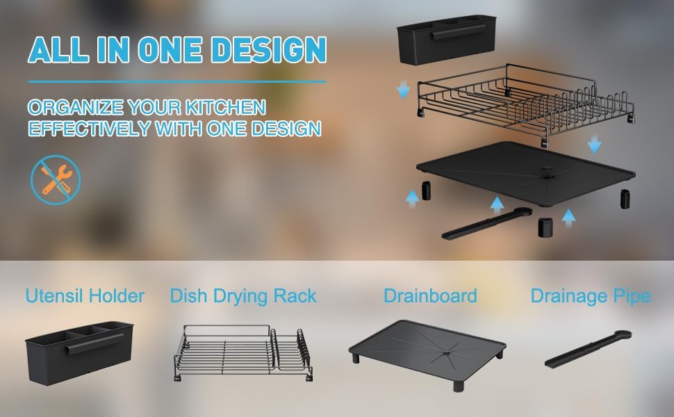 Large Dish Drainers Tableware Drying Rack with Drip Tray and 360° Rotating Nozzle & Carbon Steel Rustproof Removable for Kitchen Sink Counter Storage & Organisation (Single Layer (Black))