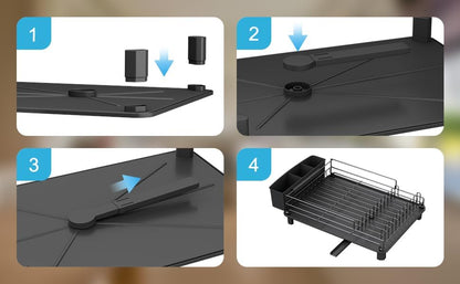 Large Dish Drainers Tableware Drying Rack with Drip Tray and 360° Rotating Nozzle & Carbon Steel Rustproof Removable for Kitchen Sink Counter Storage & Organisation (Single Layer (Black))