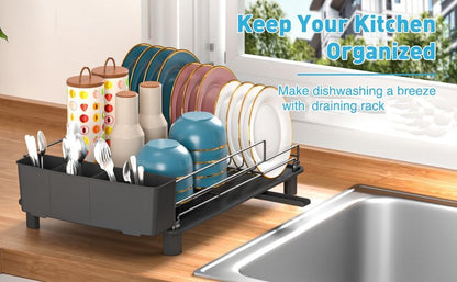 Large Dish Drainers Tableware Drying Rack with Drip Tray and 360° Rotating Nozzle & Carbon Steel Rustproof Removable for Kitchen Sink Counter Storage & Organisation (Single Layer (Black))