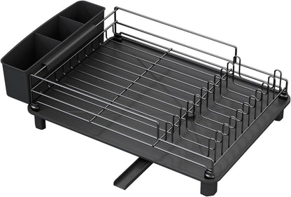 Large Dish Drainers Tableware Drying Rack with Drip Tray and 360° Rotating Nozzle & Carbon Steel Rustproof Removable for Kitchen Sink Counter Storage & Organisation (Single Layer (Black))