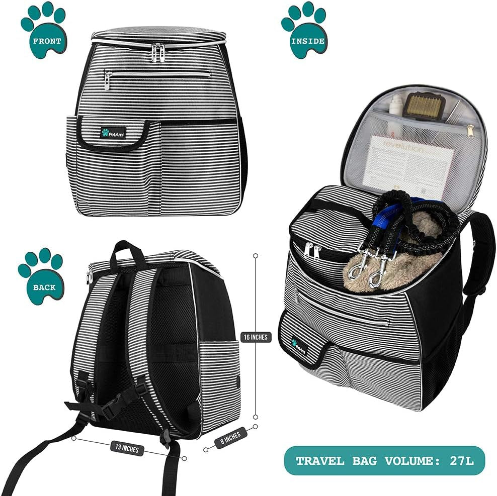 Travel Bag Backpack for Dogs, Airline Approved, Puppy Diaper Supplies, Pet Camping Essentials, Hiking Accessories, Food Container, Collapsible Bowls, Stripe Black