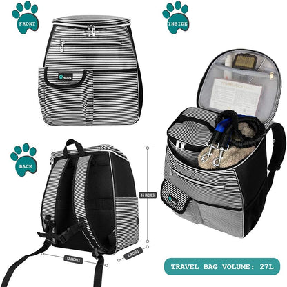 Travel Bag Backpack for Dogs, Airline Approved, Puppy Diaper Supplies, Pet Camping Essentials, Hiking Accessories, Food Container, Collapsible Bowls, Stripe Black