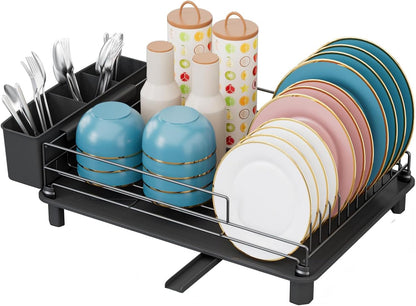 Large Dish Drainers Tableware Drying Rack with Drip Tray and 360° Rotating Nozzle & Carbon Steel Rustproof Removable for Kitchen Sink Counter Storage & Organisation (Single Layer (Black))