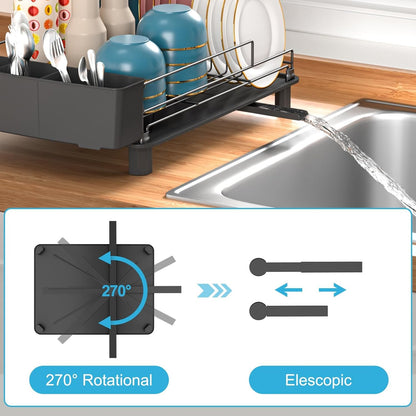 Large Dish Drainers Tableware Drying Rack with Drip Tray and 360° Rotating Nozzle & Carbon Steel Rustproof Removable for Kitchen Sink Counter Storage & Organisation (Single Layer (Black))
