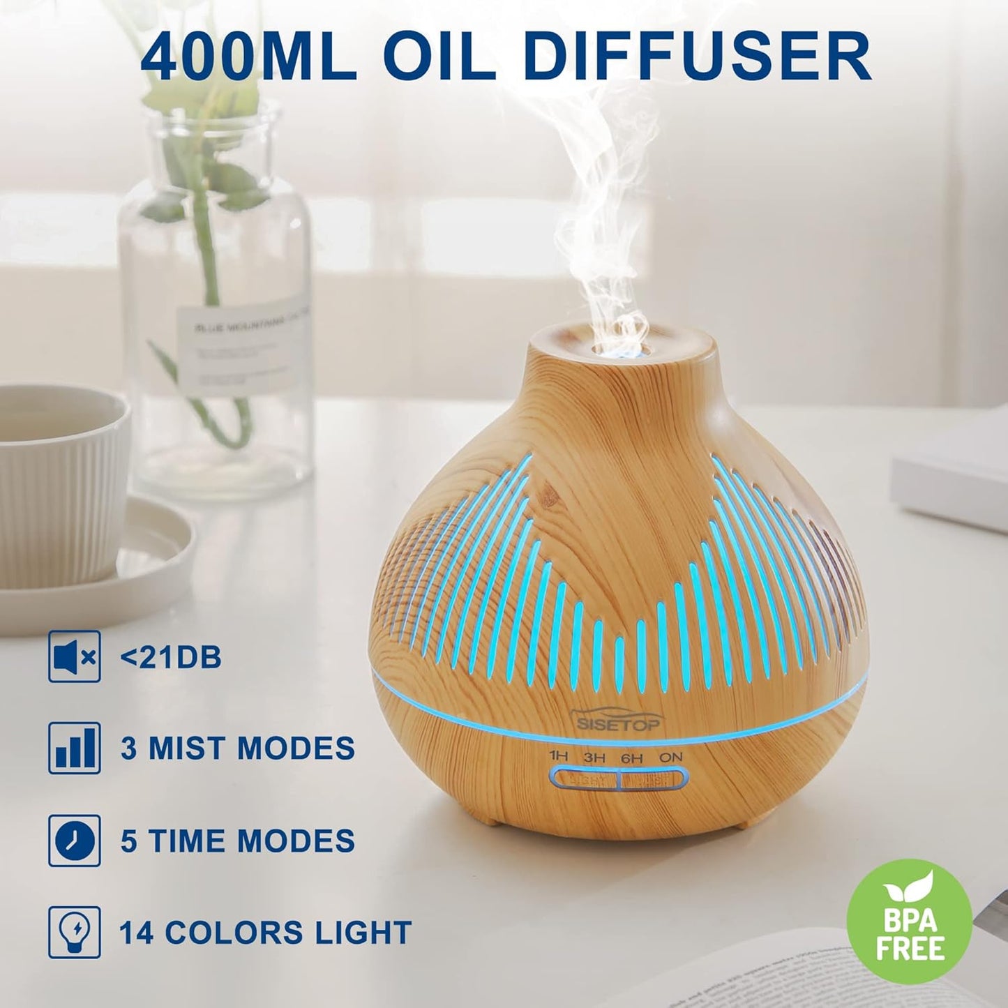 Oil Diffuser, 400ML Essential Oil Diffuser, 6 in 1 Diffuser & Humidifier with 3 Mist Modes & 5 Timers, Intermittent Mode up to 24H+, 14 Colors Mood Light, BPA Free for Baby, Kids, Yoga, Gift