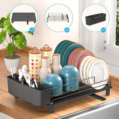 Large Dish Drainers Tableware Drying Rack with Drip Tray and 360° Rotating Nozzle & Carbon Steel Rustproof Removable for Kitchen Sink Counter Storage & Organisation (Single Layer (Black))