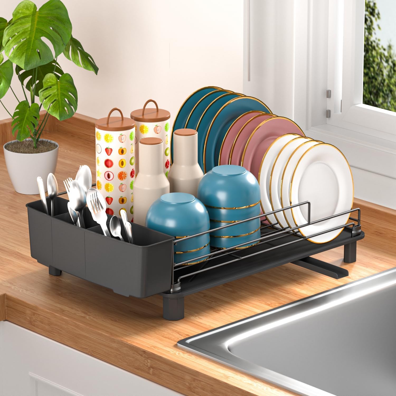 Large Dish Drainers Tableware Drying Rack with Drip Tray and 360° Rotating Nozzle & Carbon Steel Rustproof Removable for Kitchen Sink Counter Storage & Organisation (Single Layer (Black))