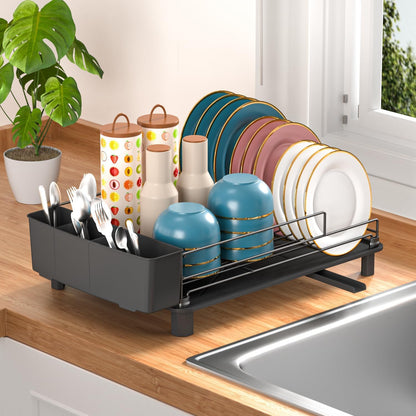 Large Dish Drainers Tableware Drying Rack with Drip Tray and 360° Rotating Nozzle & Carbon Steel Rustproof Removable for Kitchen Sink Counter Storage & Organisation (Single Layer (Black))