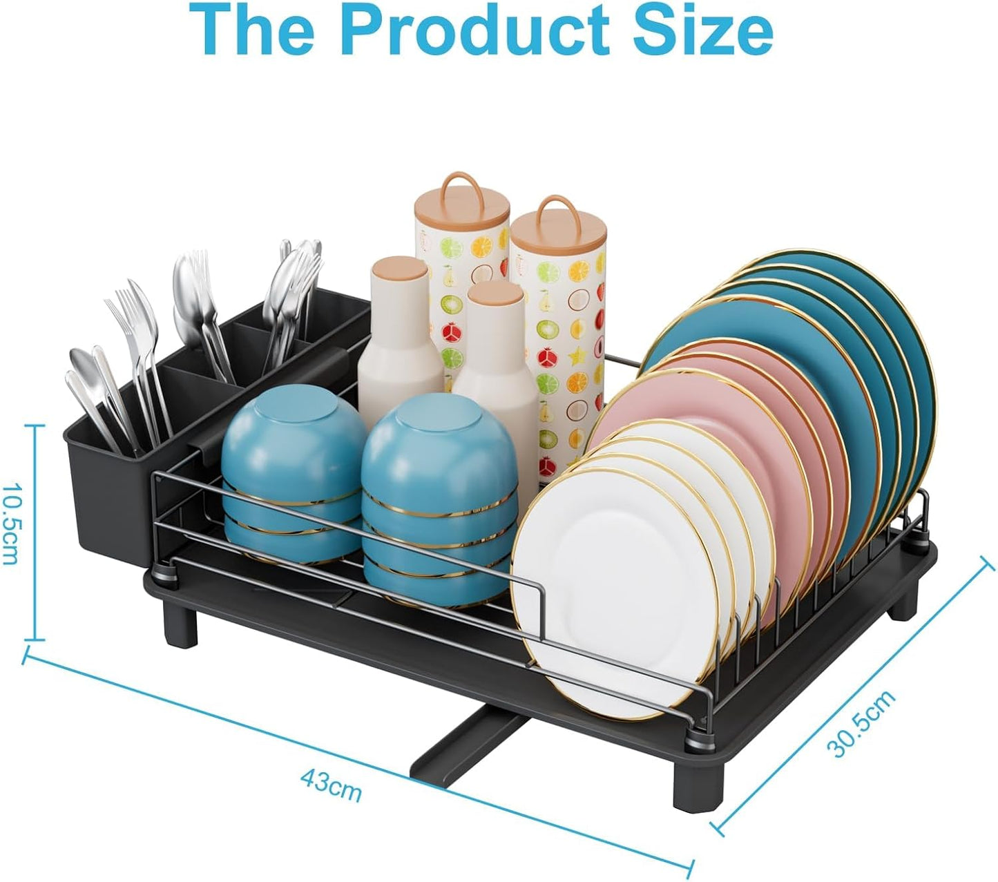 Large Dish Drainers Tableware Drying Rack with Drip Tray and 360° Rotating Nozzle & Carbon Steel Rustproof Removable for Kitchen Sink Counter Storage & Organisation (Single Layer (Black))