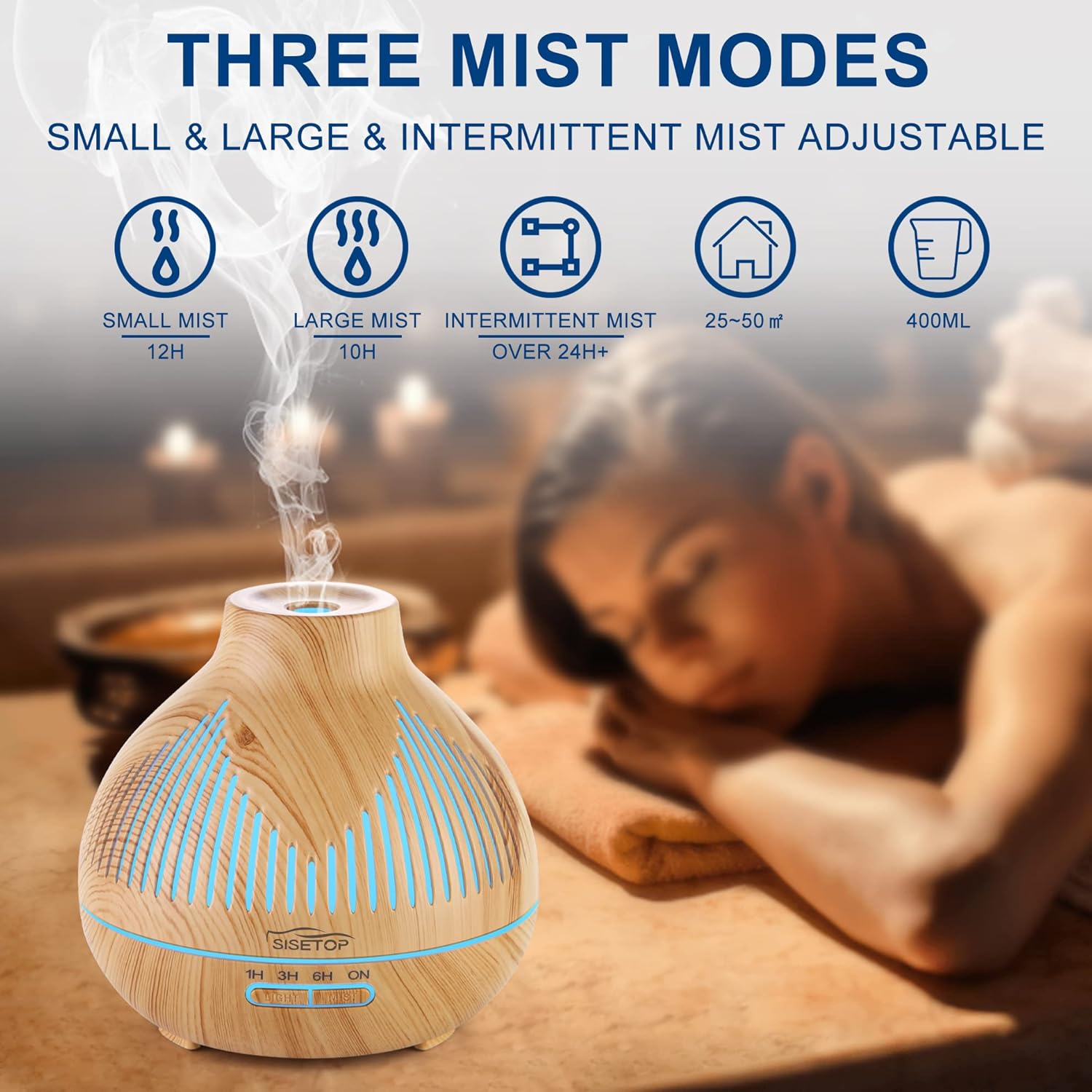 Oil Diffuser, 400ML Essential Oil Diffuser, 6 in 1 Diffuser & Humidifier with 3 Mist Modes & 5 Timers, Intermittent Mode up to 24H+, 14 Colors Mood Light, BPA Free for Baby, Kids, Yoga, Gift
