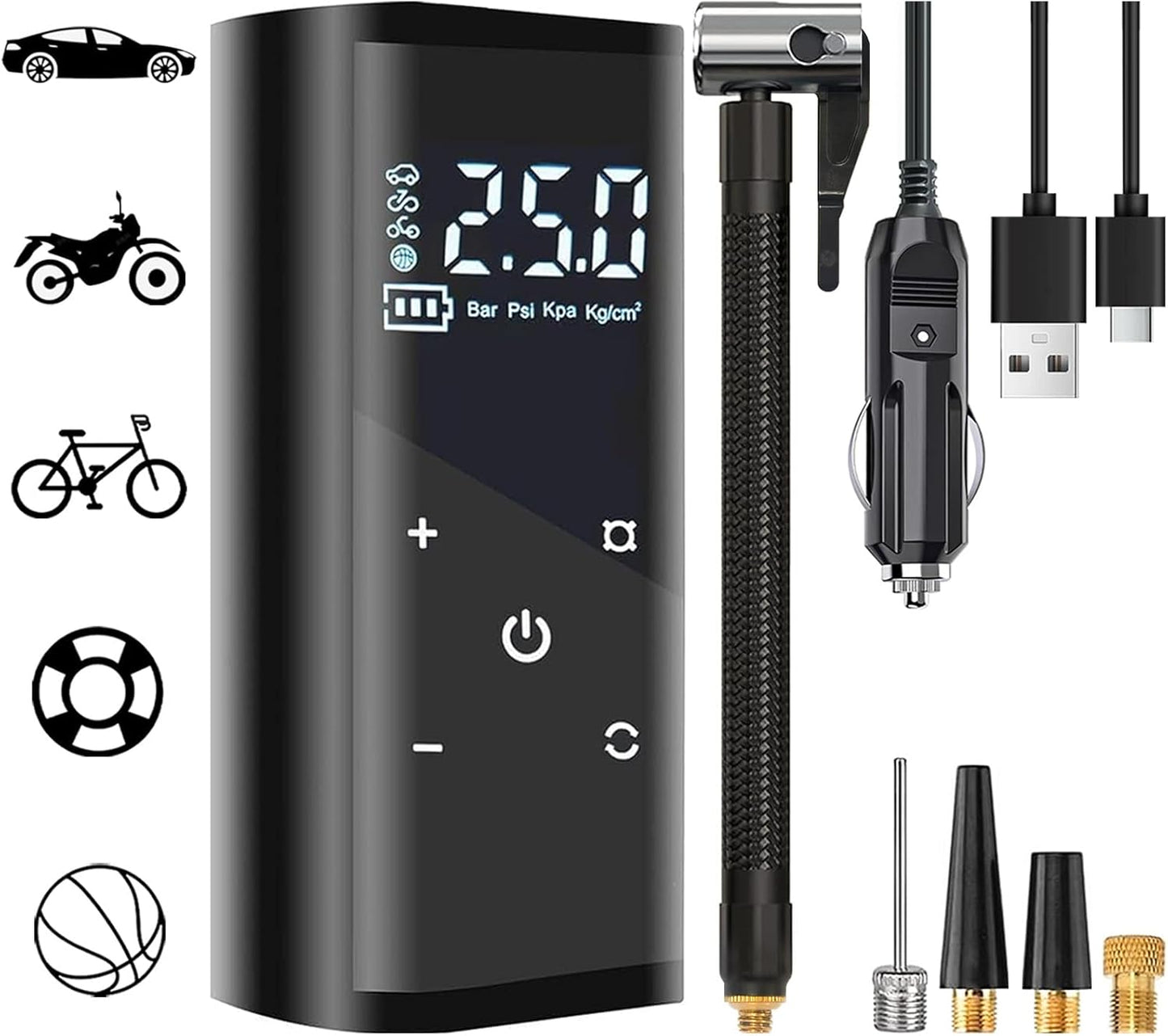 Tire Inflator Portable Air Compressor,150Psi 12V DC 6000Mah Cordless Car Air Pump,Electric Tire Pump with Auto-Off,Rechargeable,Led Lights,Digital Pressure Gauge,Fast Inflate,For Cars,Bike,Ball