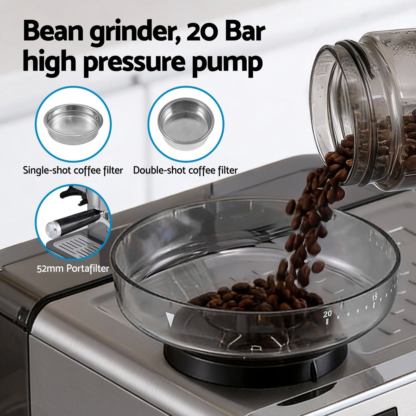 Devanti Coffee Machine Espresso Latte Maker with Grinder Milk Frother Steam Wand
