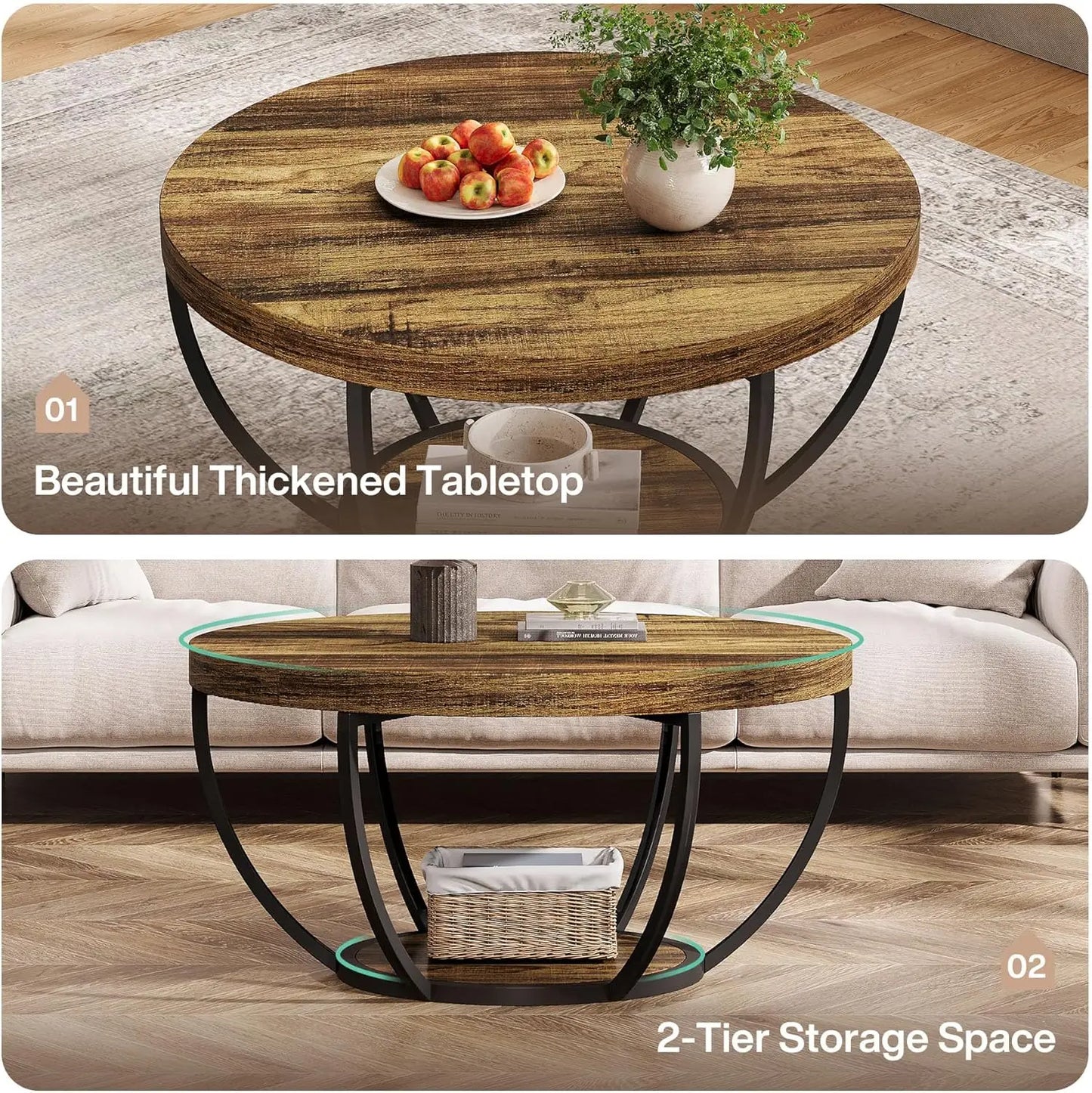 Round Coffee Table, 80Cm Wooden 2-Tier Circle Coffee Table Storage, for Living Room, Rustic Brown