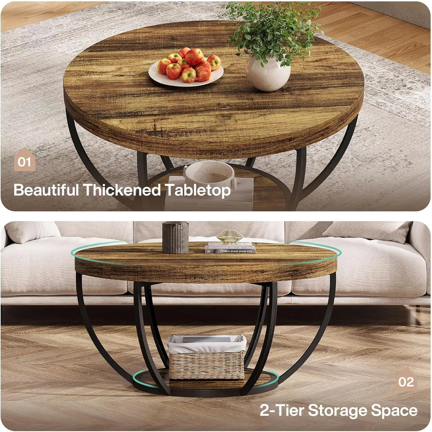 Round Coffee Table, 80Cm Wooden 2-Tier Circle Coffee Table Storage, for Living Room, Rustic Brown