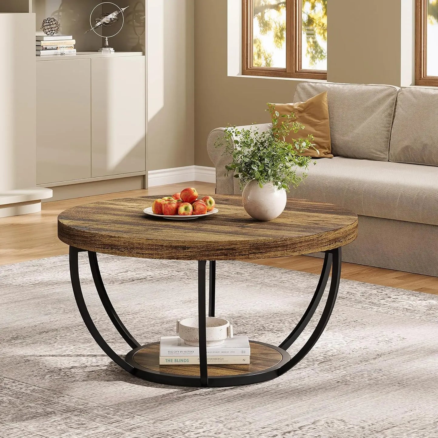 Round Coffee Table, 80Cm Wooden 2-Tier Circle Coffee Table Storage, for Living Room, Rustic Brown