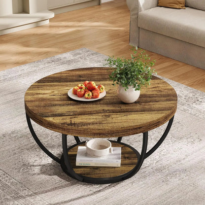 Round Coffee Table, 80Cm Wooden 2-Tier Circle Coffee Table Storage, for Living Room, Rustic Brown