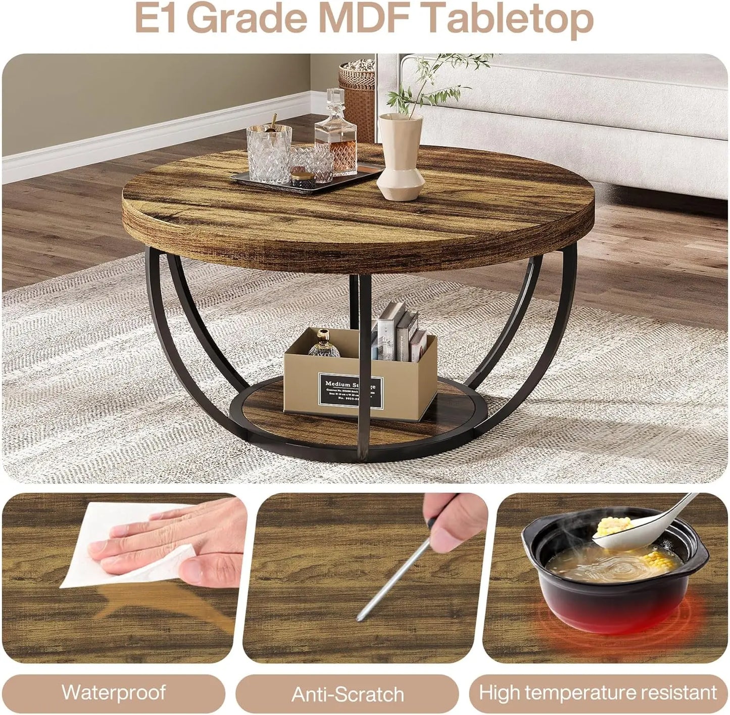 Round Coffee Table, 80Cm Wooden 2-Tier Circle Coffee Table Storage, for Living Room, Rustic Brown