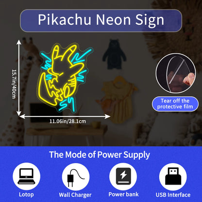 Pikachu Neon Sign for Gaming Room Cartoon Anime LED Neon Light Sign Perfect for Bedroom Home Birthday Party Bar Wall Decor Gifts