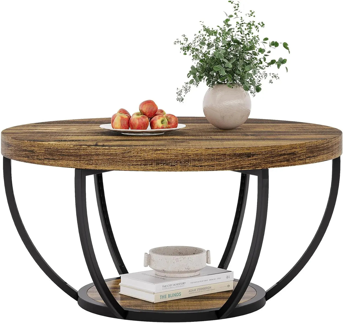 Round Coffee Table, 80Cm Wooden 2-Tier Circle Coffee Table Storage, for Living Room, Rustic Brown