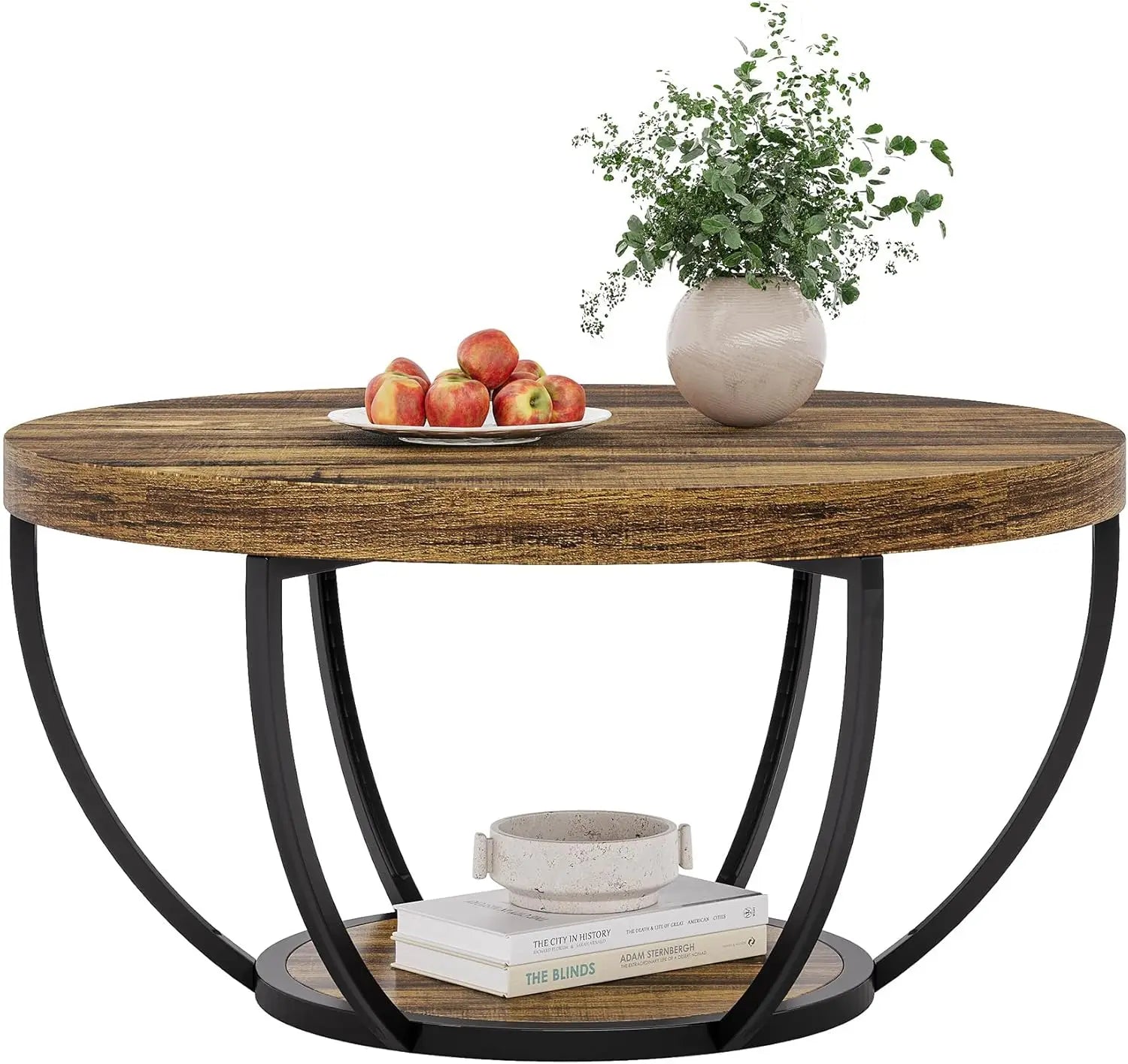 Round Coffee Table, 80Cm Wooden 2-Tier Circle Coffee Table Storage, for Living Room, Rustic Brown