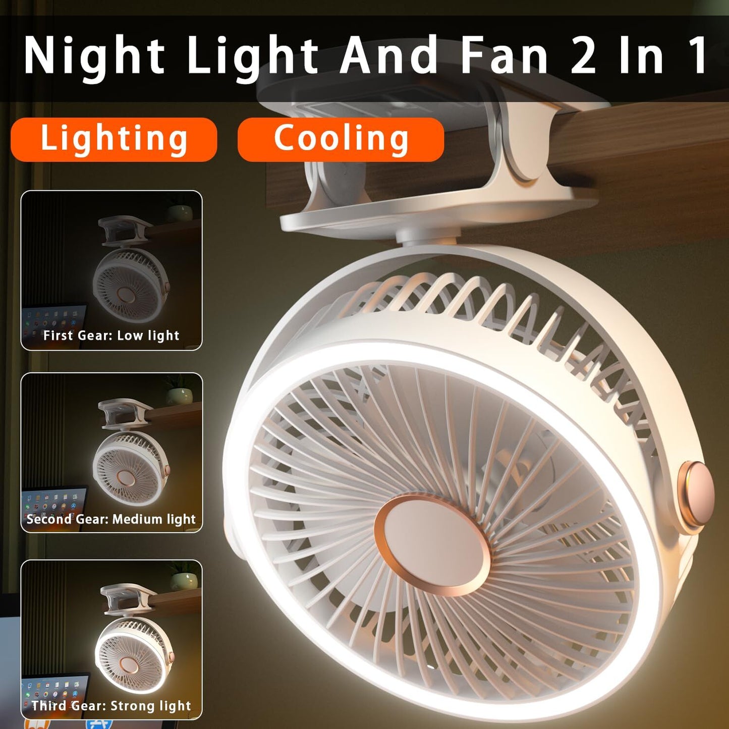 Mini Clip-on Fan with LED Light – USB Rechargeable, 360° Rotatable, 5-Speed Cooling for Desk, Bed, Camping & Travel (White)