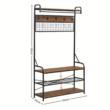 5-in-1 Entryway Hall Tree and 3 Tier Storage Bench, Pipe Style Coat Rack with 9 Hooks, Rustic Brown