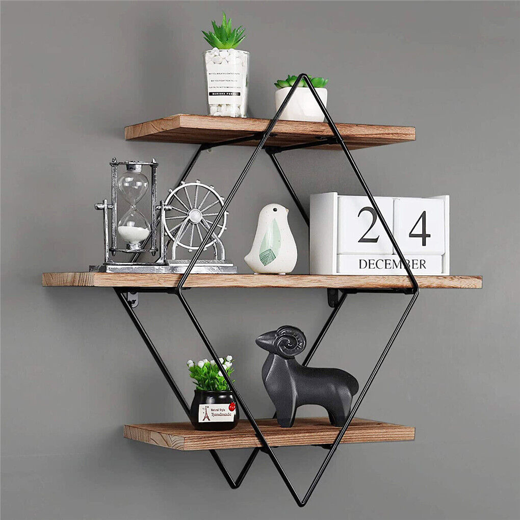 3-Tier Rustic Floating Wall Shelves Wood Display Books