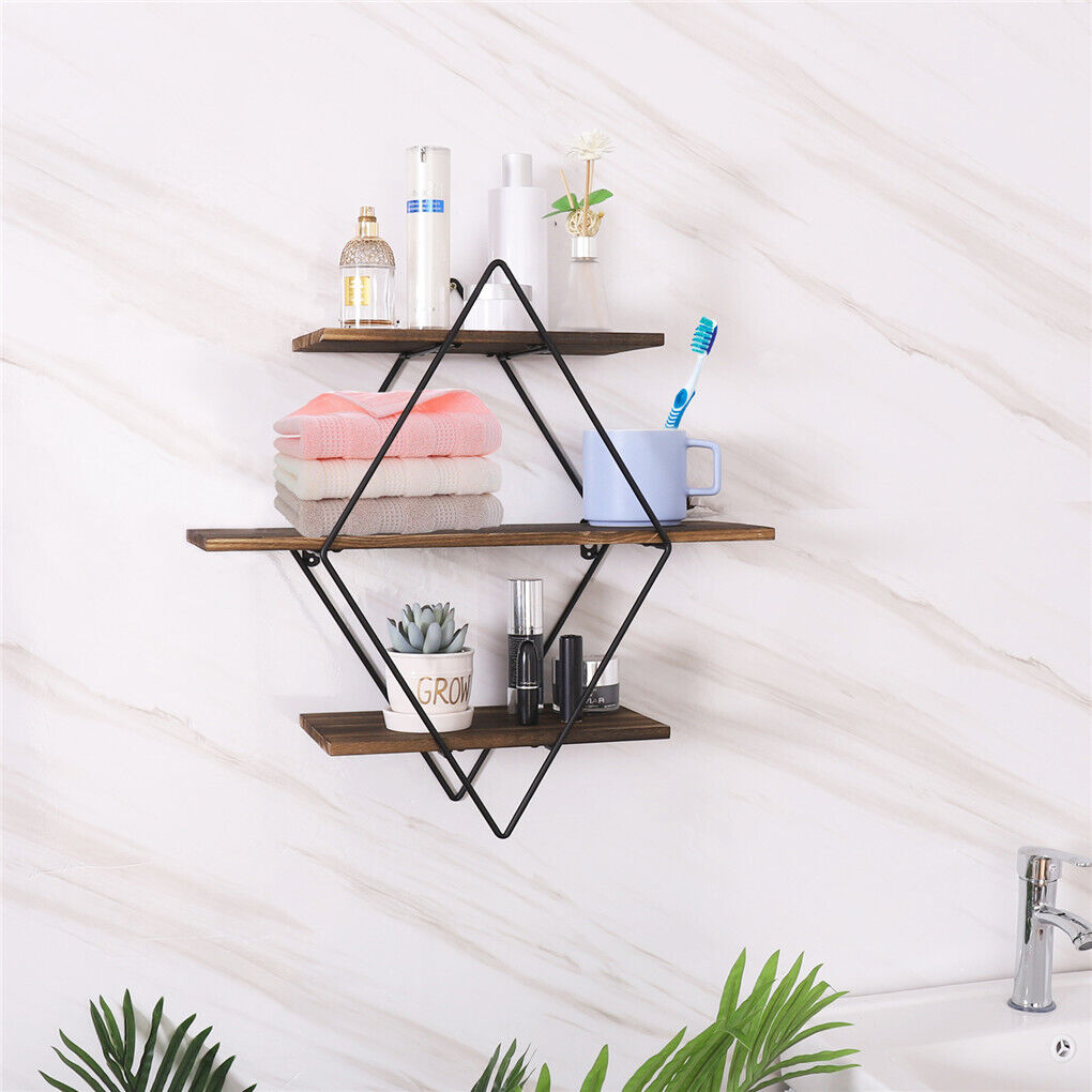 3-Tier Rustic Floating Wall Shelves Wood Display Books