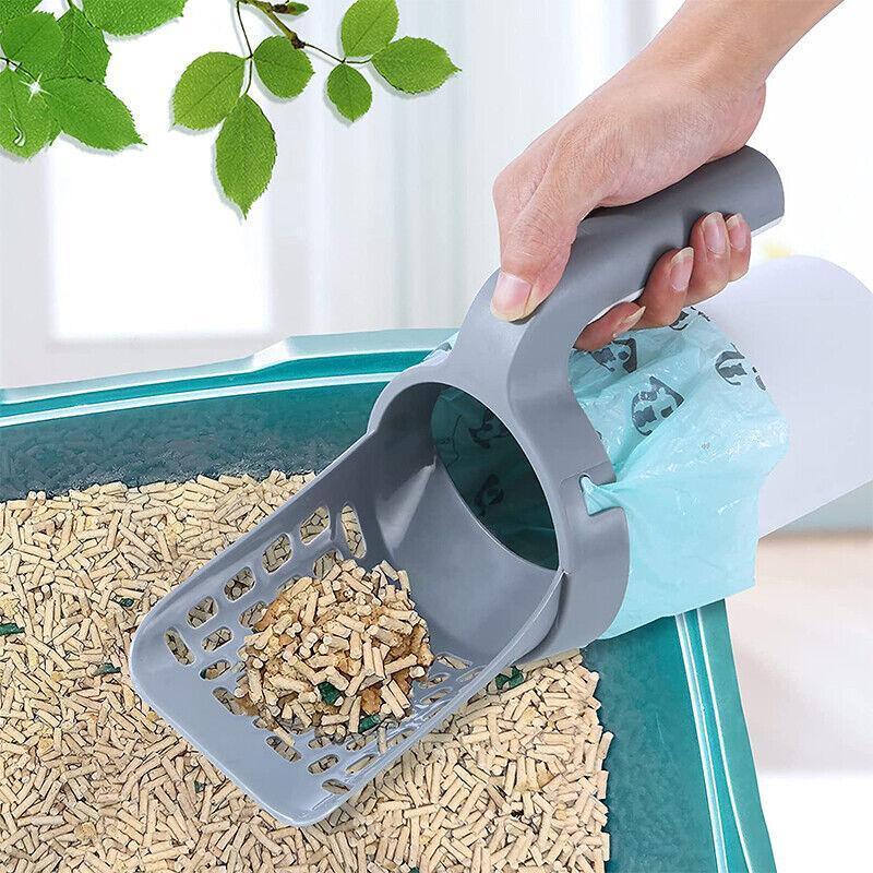 Cat Litter Scoop Integrated Detachable Shovel Holder Poop Pet Sifter Cleaning - 2 Roll Garbage Bags