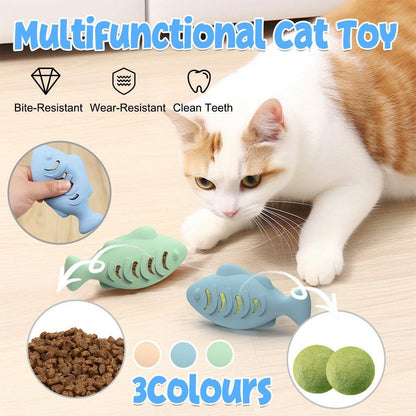 Interactive Cat Toys Fish Leaky Food Dispenser Fun Pet Play Chew Toy Durable - Blue