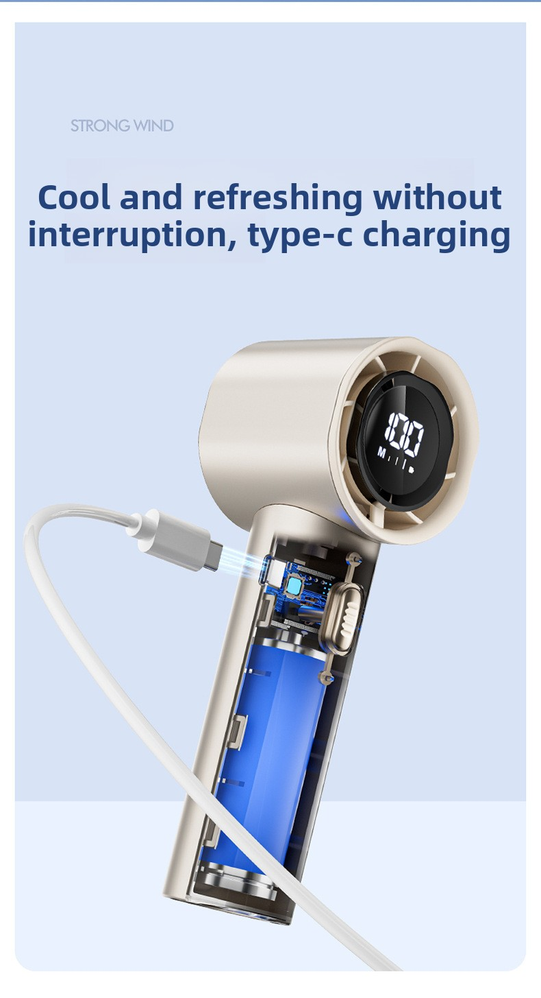 High Speed Handheld Turbo Fan Light Luxury Grey 3 Adjustable Speeds LED Display Portable Personal Cooling Fan Rechargeable for Travel Office Outdoor