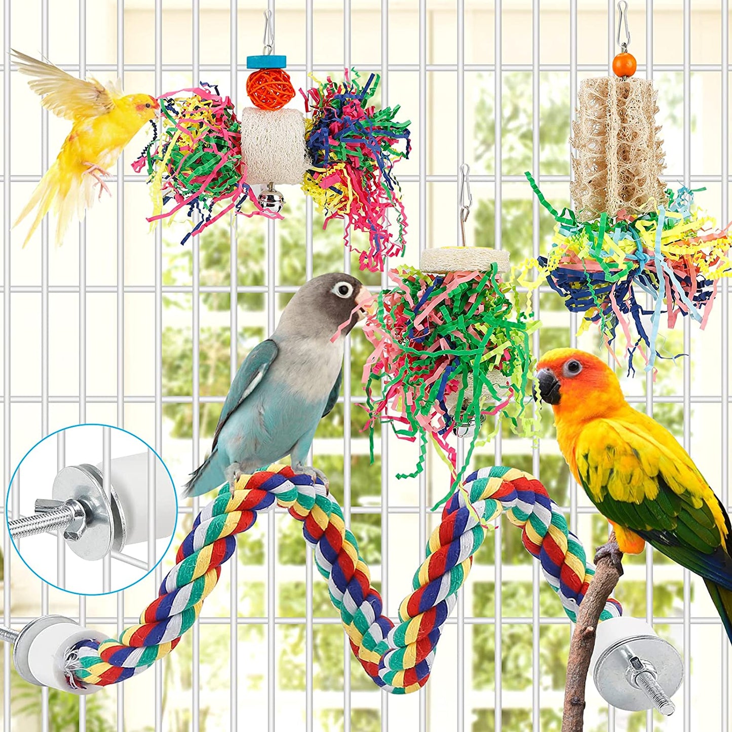 Bird Shredding Foraging Toys - Parakeet Chewing Hanging Toy, Shredded Paper Cage Accessories for Conure, Cockatiel, Budgies, Lovebird, Parrotlet (Without Rope Perch)