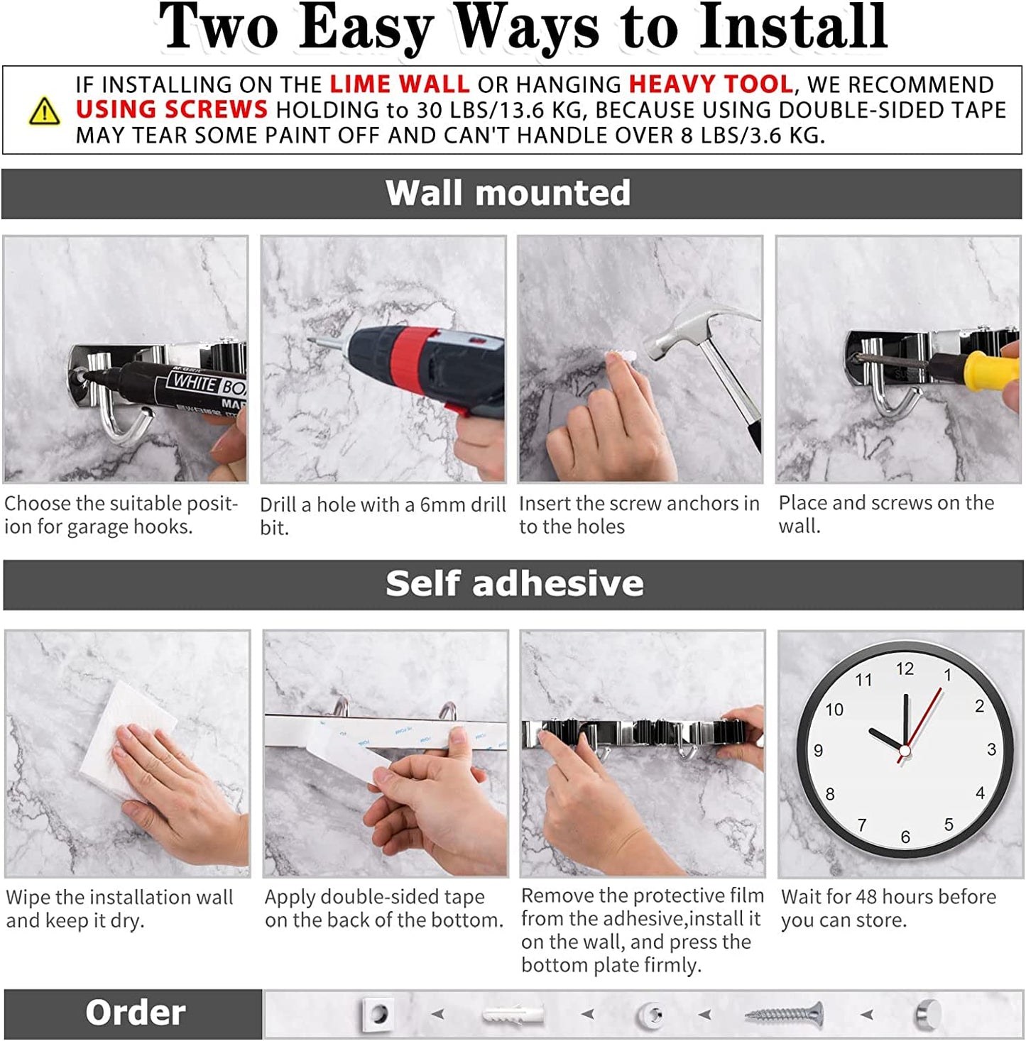 5 Racks and 4 Hooks Mop and Broom Holder Wall Mount, Broom Organizer Storage Tool Racks Stainless Steel Heavy Duty Hooks Self Adhesive Solid Non-Slip for Home Kitchen Garden Laundry Garage