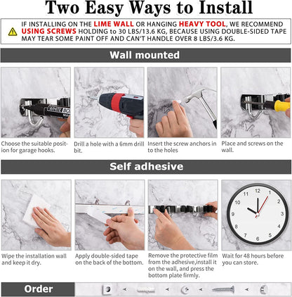 5 Racks and 4 Hooks Mop and Broom Holder Wall Mount, Broom Organizer Storage Tool Racks Stainless Steel Heavy Duty Hooks Self Adhesive Solid Non-Slip for Home Kitchen Garden Laundry Garage