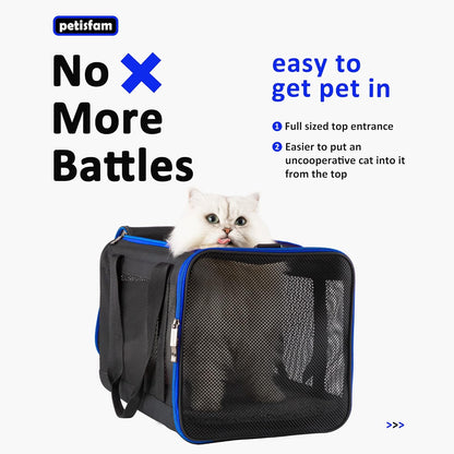 Easy Load Soft Pet Carrier Bag Cat for Medium, Large Cats, Puppy, Sturdy, Collapsible, Comfy, Black W/Blue Trim, L