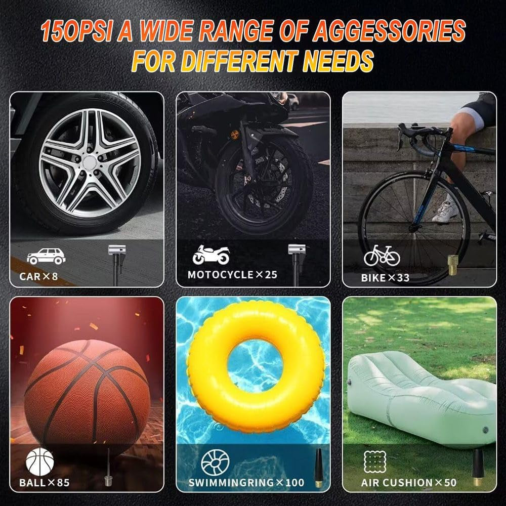 Tire Inflator Portable Air Compressor,150Psi 12V DC 6000Mah Cordless Car Air Pump,Electric Tire Pump with Auto-Off,Rechargeable,Led Lights,Digital Pressure Gauge,Fast Inflate,For Cars,Bike,Ball