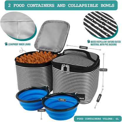 Travel Bag Backpack for Dogs, Airline Approved, Puppy Diaper Supplies, Pet Camping Essentials, Hiking Accessories, Food Container, Collapsible Bowls, Stripe Black