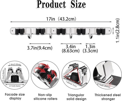 5 Racks and 4 Hooks Mop and Broom Holder Wall Mount, Broom Organizer Storage Tool Racks Stainless Steel Heavy Duty Hooks Self Adhesive Solid Non-Slip for Home Kitchen Garden Laundry Garage